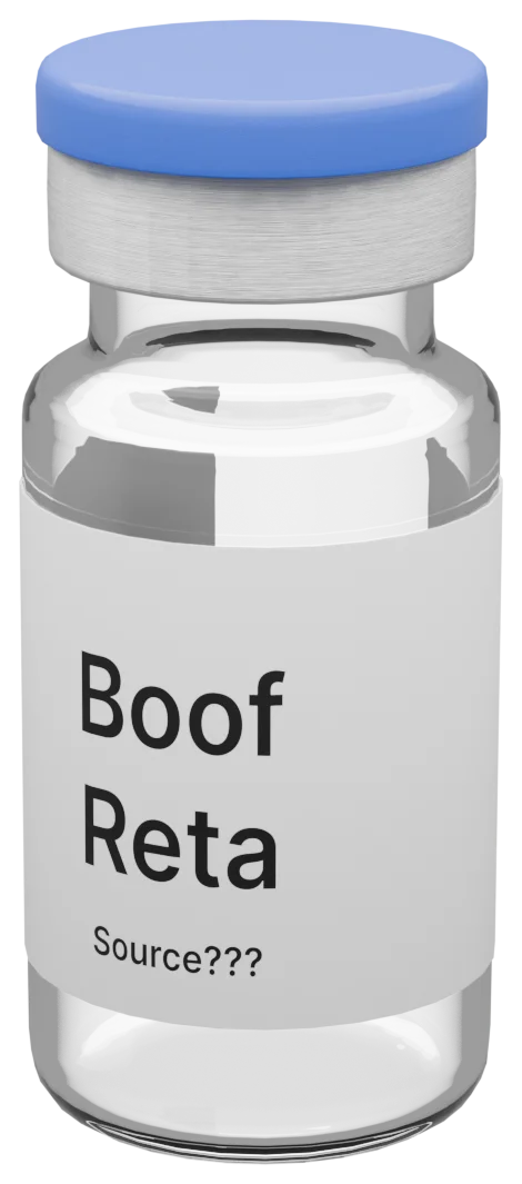 A glass vial with a blue cap. Its label reads Boof Reta, and under that, Source followed by three question marks.